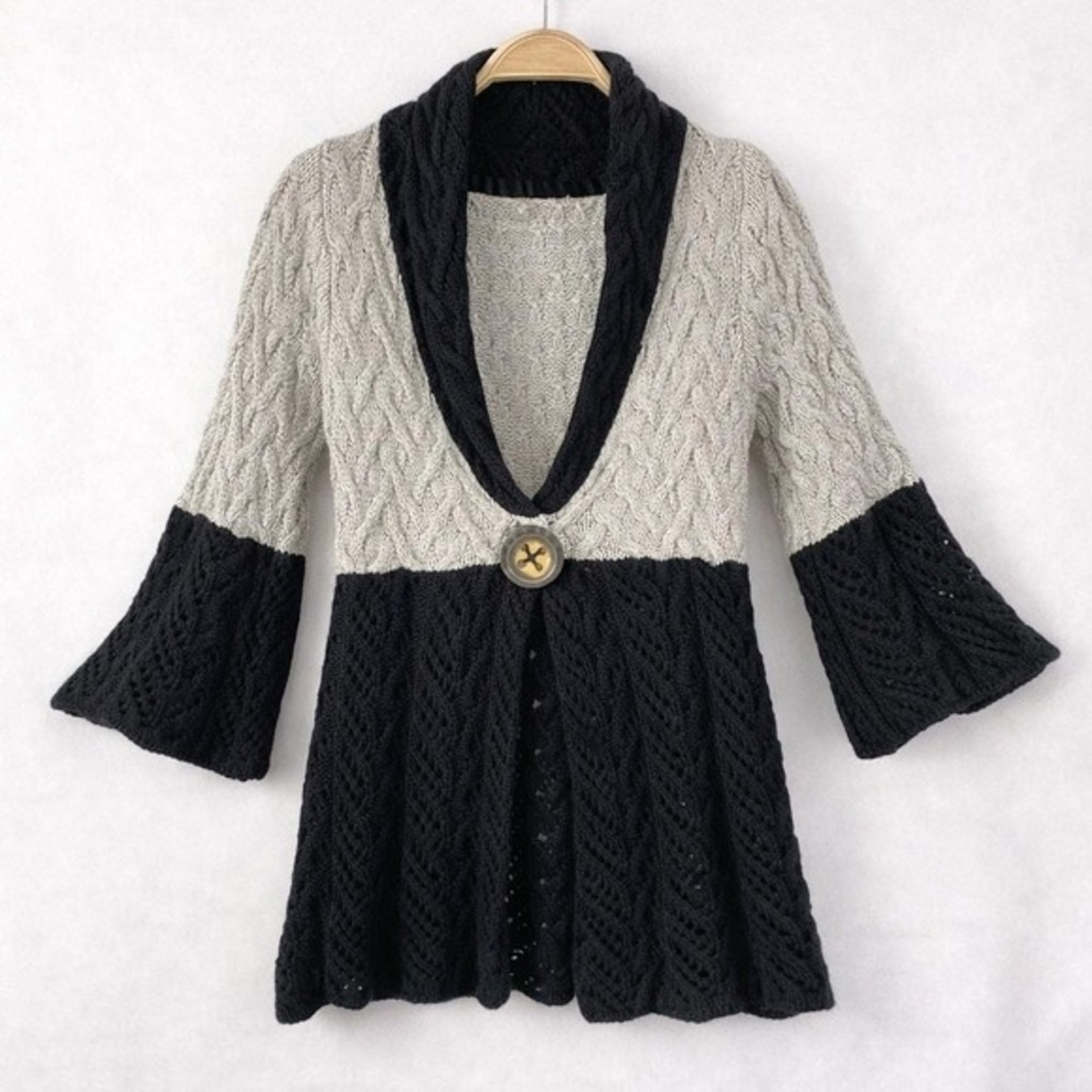 Boho Whimsigoth Cable Knit‎ Cardigan Women S Grey Black Colorblock